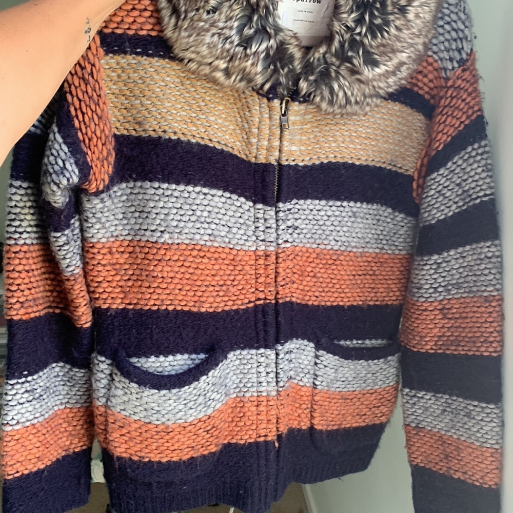 Anthropologie Striped Fur Collar Zip Up Cardigan Sweater